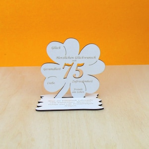 Gutscheingeschenk zum 75 Geburtstag  Kleeblatt 11cm Vintage weiß Glückwünsche Mann Frau Geschenk Deko 02