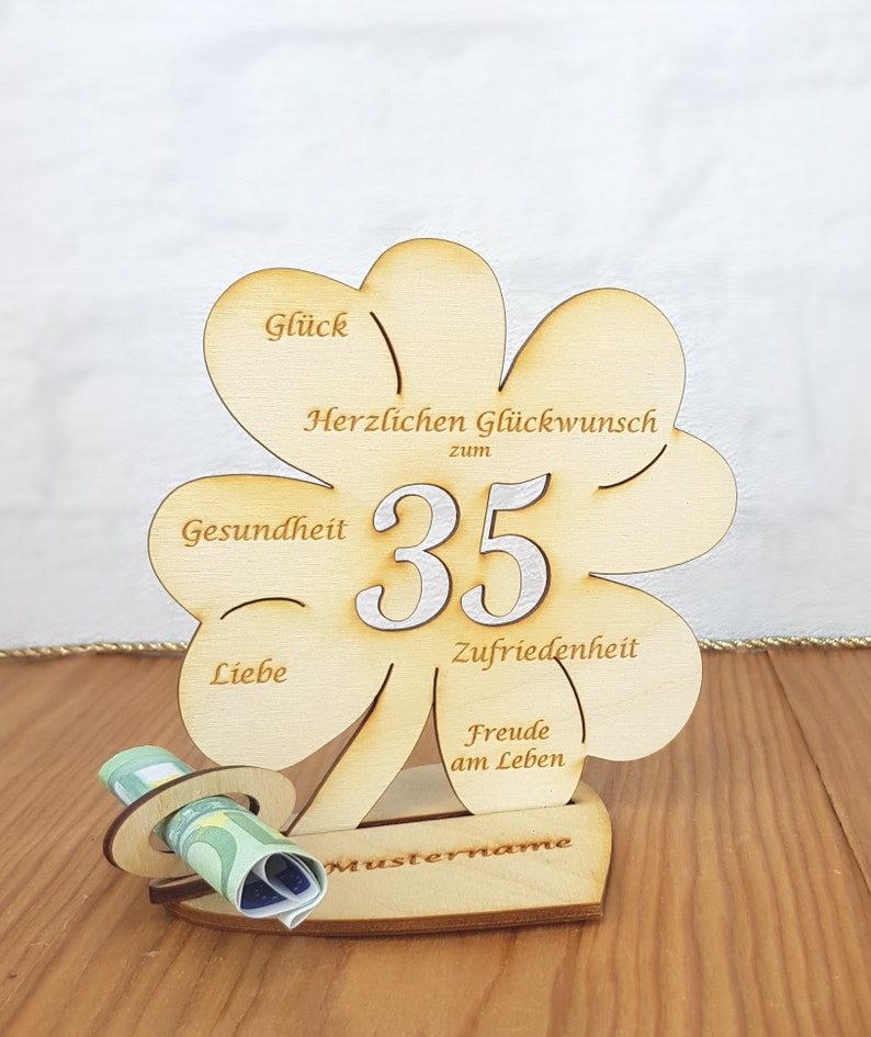 Geschenk zum 35. Geburtstag oder Hochzeitstag, Kleeblatt 11cm oder 16 cm, Geldgeschenk mit oder ohne Wunschtext, Tischdekoration aus Holz 11cm mit Namen