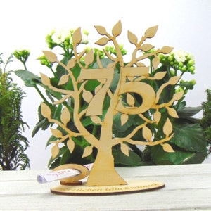 Present for voucher or money, tree of life with digit 75, birthday present with engraved pedestal, Congratulations, 16 cm, money present