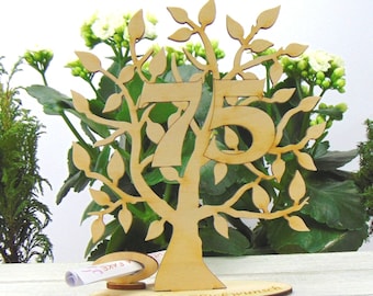 Present for voucher or money, tree of life with digit 75, birthday present with engraved pedestal, Congratulations, 16 cm, money present