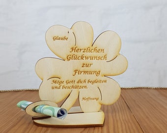 Confirmation gift, 11.7 cm or 16 cm cloverleaf, cash gift with or without name engraving