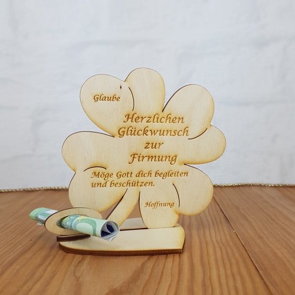 Geschenk zur Firmung, 11,7 cm oder 16 cm Kleeblatt, Geldgeschenk mit oder ohne Namensgravur