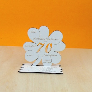 70 Geburtstag Gutscheingeschenk Kleeblatt 11cm Vintage weiß Glückwünsche Frau, Mann Geschenk Deko 01