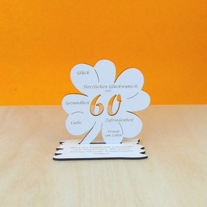 Gutscheingeschenk zum 60 Geburtstag  Kleeblatt 11cm Vintage weiß Glückwünsche Mädchen Junge Geschenk Deko 02