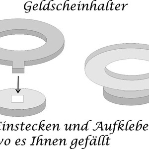 Puede incluir: Un diagrama que muestra c&oacute;mo usar un portamonedas de pl&aacute;stico gris. El portamonedas es un anillo con una peque&ntilde;a ranura en el centro. Las instrucciones dicen que se debe insertar un billete en la ranura y luego pegar el portamonedas a una superficie.