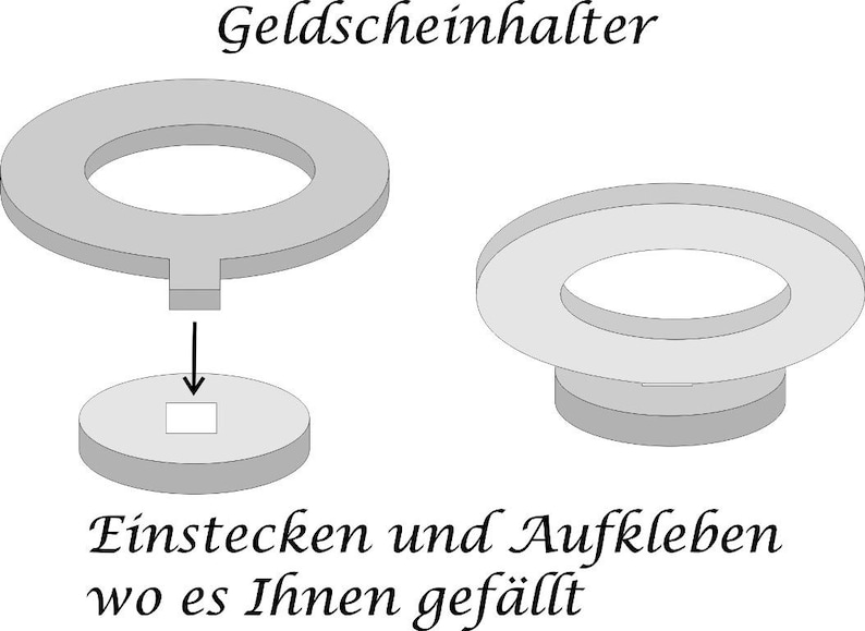 Puede incluir: Un diagrama que muestra c&oacute;mo usar un portamonedas de pl&aacute;stico gris. El portamonedas es un anillo con una peque&ntilde;a ranura en el centro. Las instrucciones dicen que se debe insertar un billete en la ranura y luego pegar el portamonedas a una superficie.
