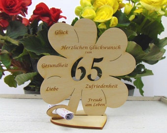 Kleeblatt zum 65. Geburtstag, 11,7 cm oder 16 cm, Geldgeschenk mit oder ohne Namensgravur