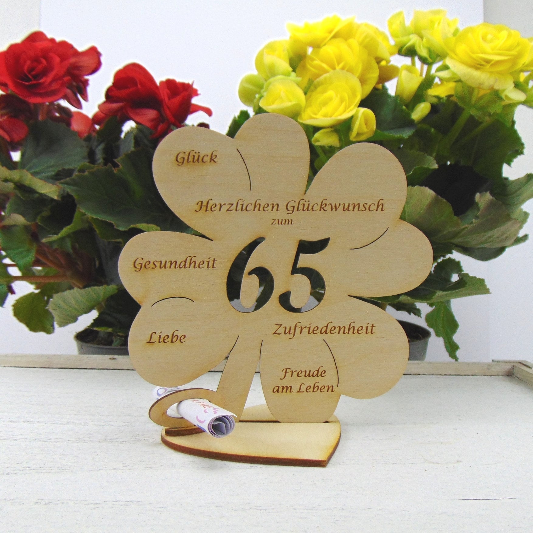 Kleeblatt zum 65. Geburtstag, 11,7 cm oder 16 cm, Geldgeschenk mit oder ohne Namensgravur