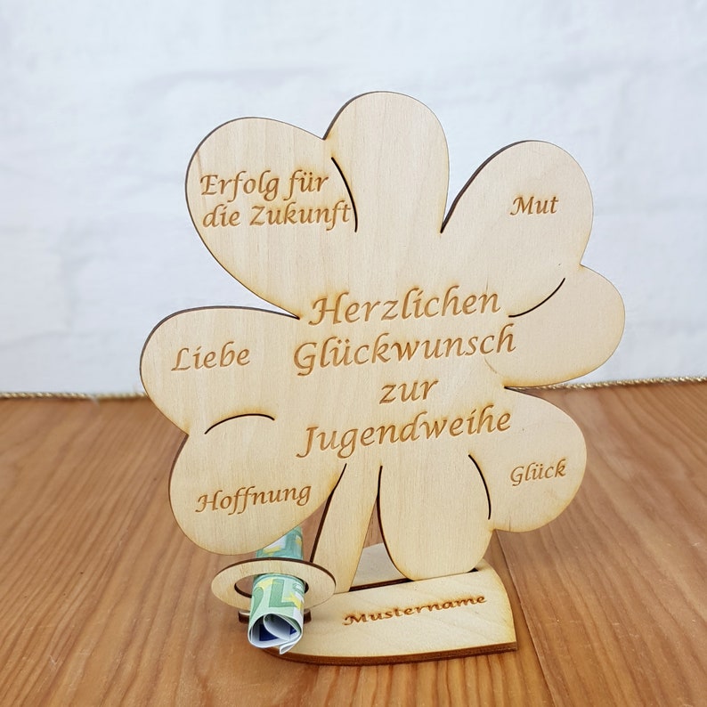 Geschenk zur Jugendweihe, Kleeblatt, Geldgeschenk mit oder ohne Namensgravur, Tischdekoration, Geschenkidee aus Holz, Jugendweihegeschenk 16cm mit Gravur