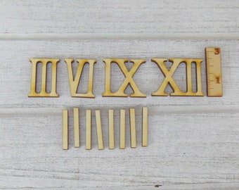 4 Römische Zahlen schmale Ziffern Holz 25 mm 3 6 9 12 mit 8 Striche für eine Uhr zum Basteln