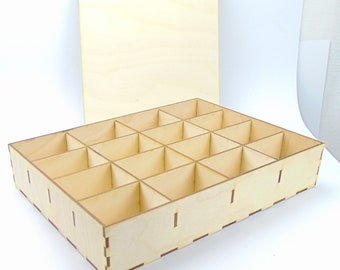 Kiste aus Holz 16 Fächer mit Deckel 29 cm lang 5,5 cm hoch Perlen Kiste, Kleinteile sammeln, Schmuck Kiste