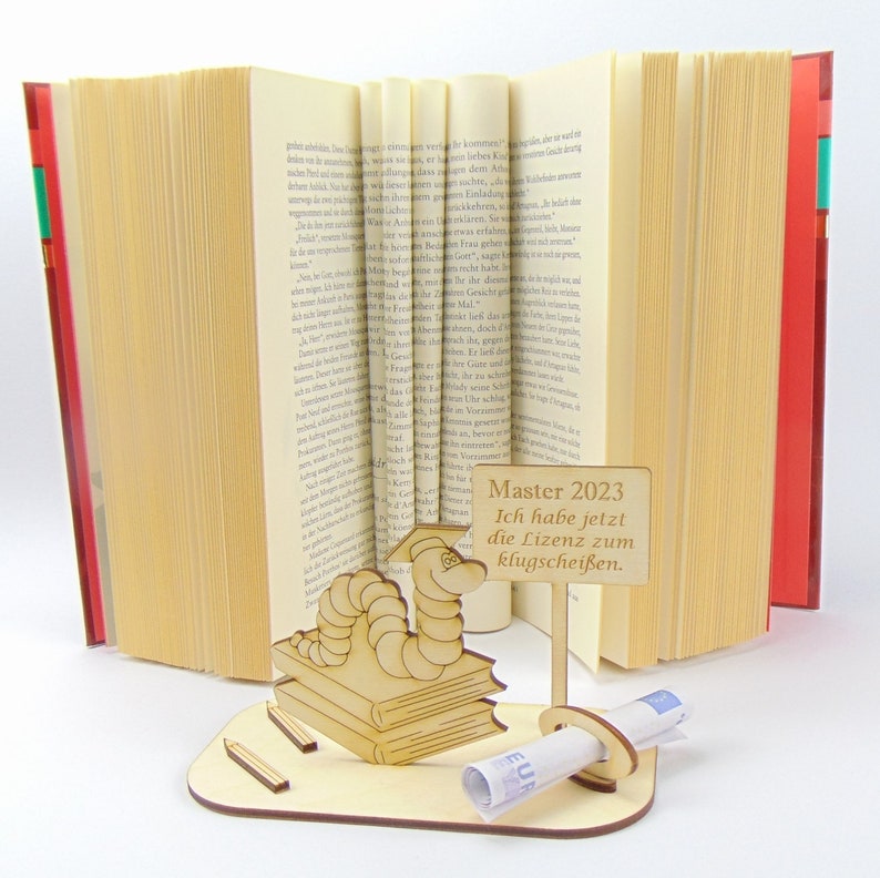 Money gift for master's degree, the bookworm with matching sign, funny gift made of wood 2023, graduation Master 2023