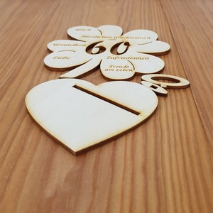 Gift for a 60th birthday, money gift with or without desired text, cloverleaf 11.7 cm or 16 cm, wooden table decoration image 5