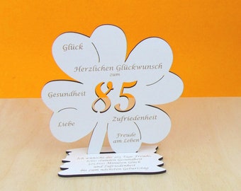 85th birthday voucher gift 16 cm cloverleaf white vintage wood congratulations man woman gift decoration 01