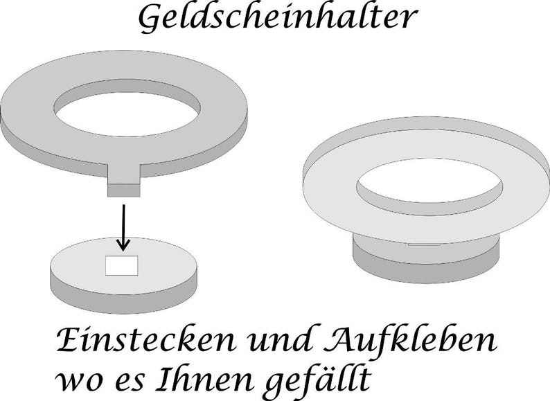 K&ouml;nnte beinhalten: Ein Diagramm, das zeigt, wie man einen grauen Geldkartenhalter aus Kunststoff verwendet. Der Halter ist ein Ring mit einem kleinen Schlitz in der Mitte. Die Anweisungen besagen, dass man einen Geldschein in den Schlitz einf&uuml;gt und den Halter dann auf eine Oberfl&auml;che klebt.