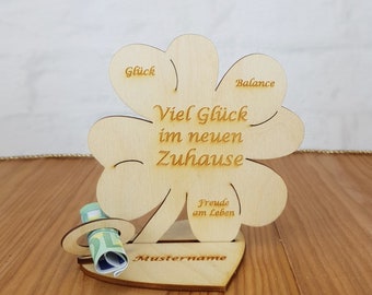 Geschenk zum Einzug ins neue Zuhause, Personalisiert, Einweihungsgeschenk, Geschenk zum Umzug, Kleeblatt, Tischdekoration aus Holz