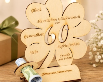 Geschenk zum 60. Geburtstag, Mann Frau – Originelle Geschenkidee zum Geburtstag Kleeblatt 11,7 cm oder 16 cm, Personalisiert