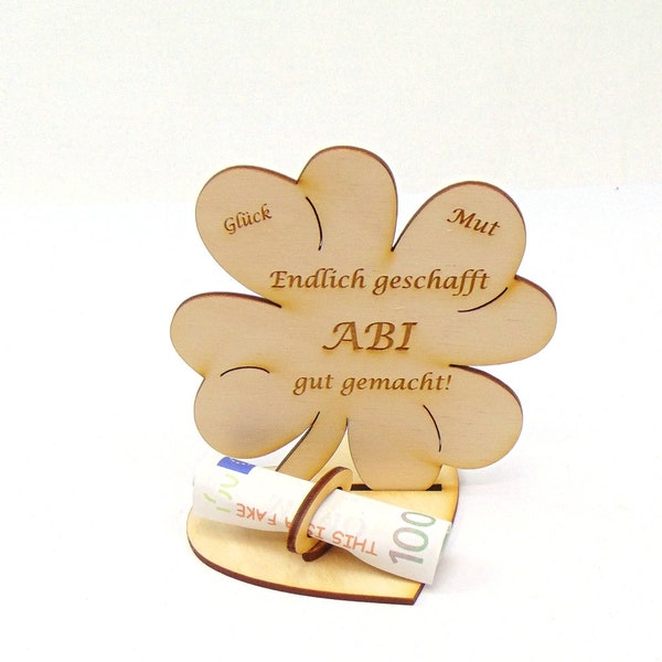 Geschenk zum ABI, 11,7 cm Kleeblatt, Geldgeschenk mit oder ohne Namensgravur