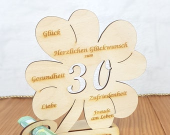 Prezent na 30 urodziny, koniczyna 11,7 cm lub 16 cm, prezent pieniężny z lub bez spersonalizowanego napisu, drewniana dekoracja stołu