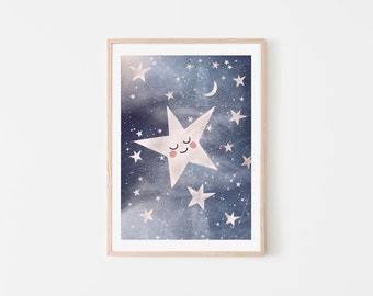 Night-time stars print, Baby gift, nursery decor, kids wall art