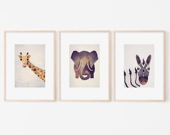 Set of 3 - Safari Animals Nursery Prints - Nursery Animals Art - Nursery Decor - Safari Wall Art - Baby Decor - Elephant - Giraffe - Zebra
