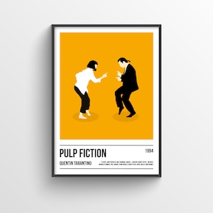 K&ouml;nnte beinhalten: Ein gerahmtes Poster mit einer minimalistischen Illustration von zwei tanzenden Figuren vor einem gelben Hintergrund. Das Poster tr&auml;gt die Aufschrift "PULP FICTION" mit "QUENTIN TARANTINO" darunter und das Jahr "1994". Die Figuren sind in Schwarz und Wei&szlig;.