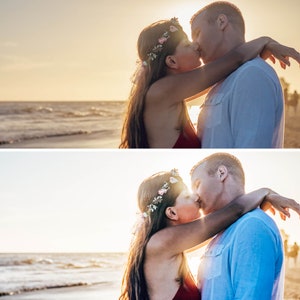 May include: A couple is kissing on a beach at sunset. The woman is wearing a flower crown and a red dress. The man is wearing a white shirt.