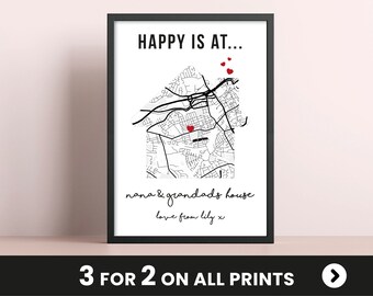 Personalised Mothers Day Gift, Grandparents Gift, Custom Home Map Print, Gift for Nana & Grandad, Gift for Mum, Mother's Day present