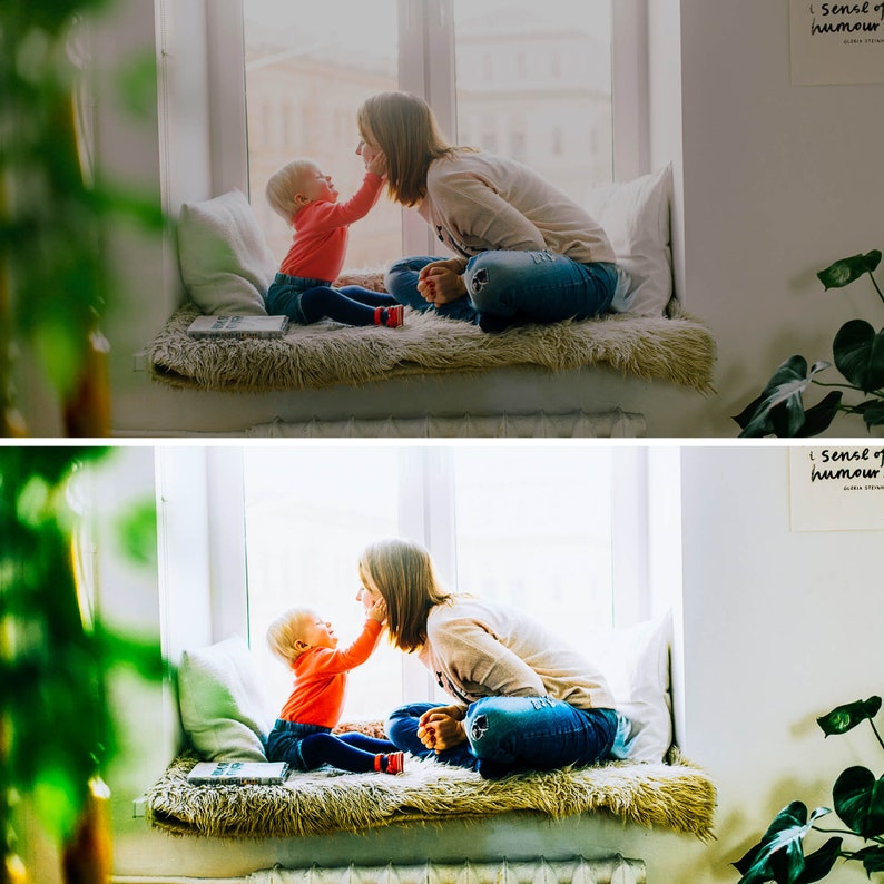 May include: A mother and child sitting on a window seat, the child is reaching out to touch the mother's face. They are both smiling and looking at each other. The window is behind them and there is a white wall to the right.