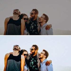 May include: Four friends laughing together outdoors. They are wearing sunglasses and casual clothing. The friends are standing in a group, with their arms around each other.