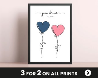 Personalised anniversary gift for boyfriend, wall art print for him, art print for girlfriend, birthday gift print