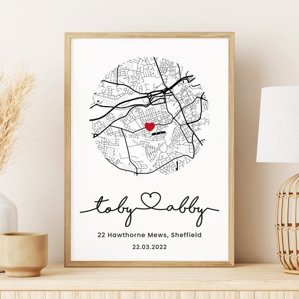 Gepersonaliseerde Housewarming Gift, Custom First Home Map Print New Home Present, Cadeau voor First Home Couple, New House map, New Home