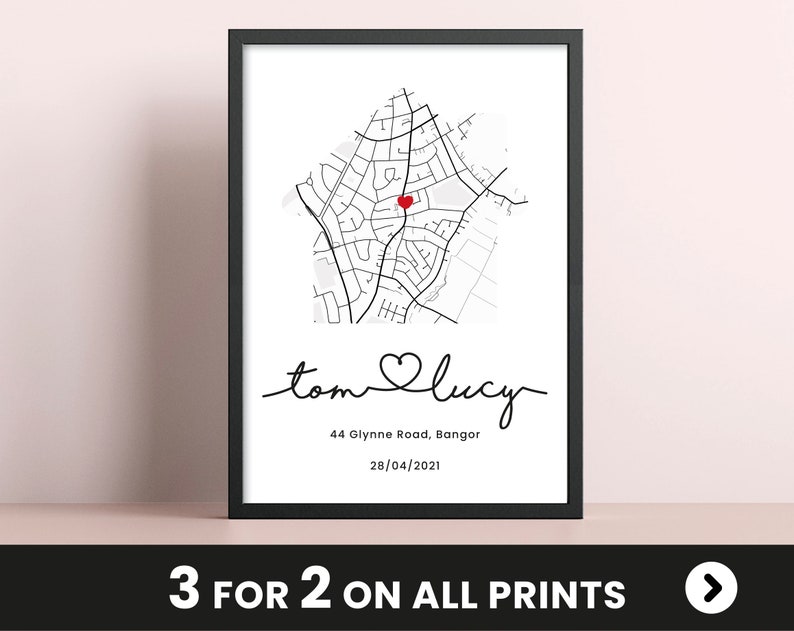 Personalised house gift, Custom First Home Map Print, Gift for First Home Couple, New House Map, New Home art image 1