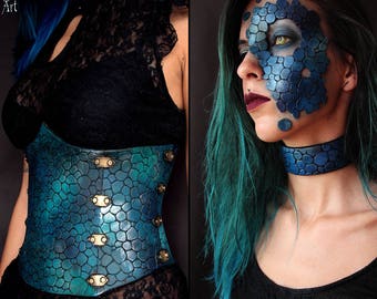 set with: Underbust corset, choker, mask. Mermaid/Dragon's scales/leather effect. perfect for fantasy costume, cosplay and larp.