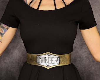 Waist belt post apocalyptic - DANGER label - fake metal Eva foam -costume warrior larp - plus size - lightweight, distressed weathered look