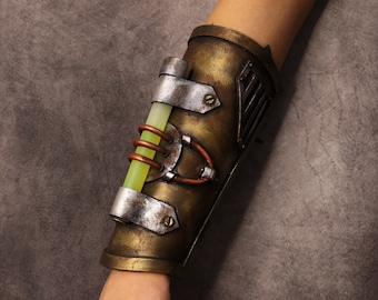 Steampunk - Post apocalyptic bracer / wristband. with glowing stick. armor like, fake metal. Steampunk cyber punk costume