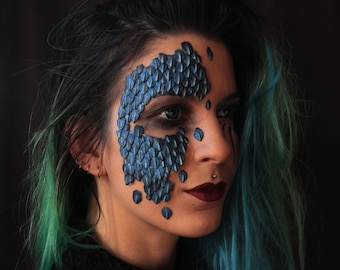 dragon snake leather / scales mask - mermaid costume - fantasy costume, halloween, larp, carnival - half face prosthetics rubber, realistic