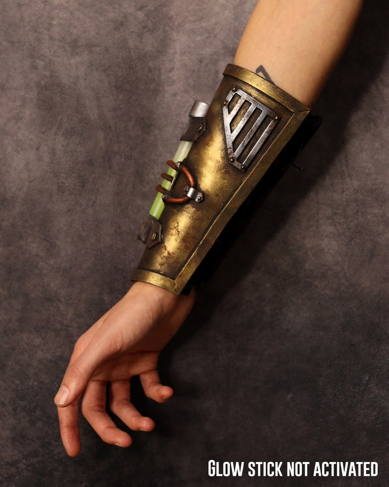 Steampunk Post apocalyptic bracer / wristband. with glowing stick. armor like, fake metal. Steampunk cyber punk costume image 2