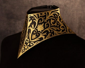Dark gothic tall necklace/choker. Matte black gold neck corset. made with EVA foam costume larp clothing. Elegant classy steampunk victorian