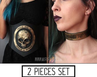SET: Underbust corset + Choker. Gothic - black. With skull and latin quote. Memento mori. Punk, alternative clothing. gold silver copper