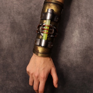 Steampunk Post apocalyptic bracer / wristband. with glowing stick. armor like, fake metal. Steampunk cyber punk costume image 4