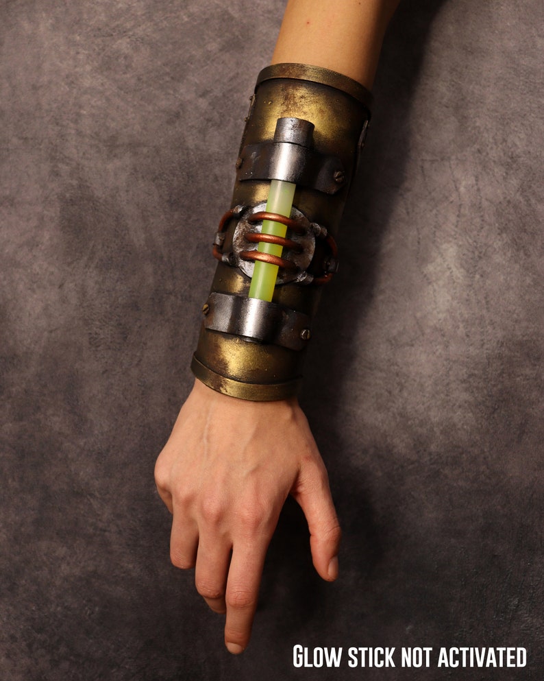 Steampunk Post apocalyptic bracer / wristband. with glowing stick. armor like, fake metal. Steampunk cyber punk costume image 4