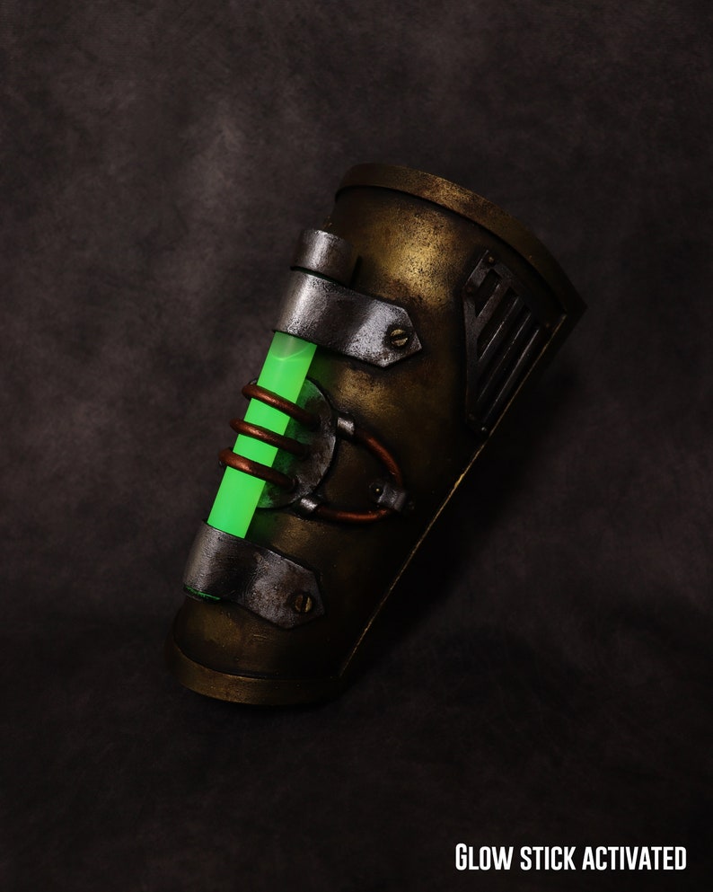 Steampunk Post apocalyptic bracer / wristband. with glowing stick. armor like, fake metal. Steampunk cyber punk costume image 9
