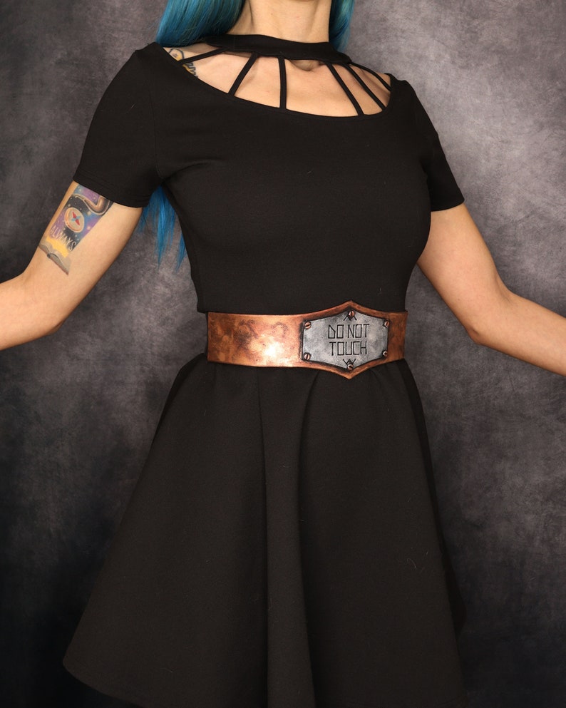 Waist belt post apocalyptic DO NOT TOUCH label fake metal Eva foam, warrior costume larp, plus size, lighweight, distressed look style image 5