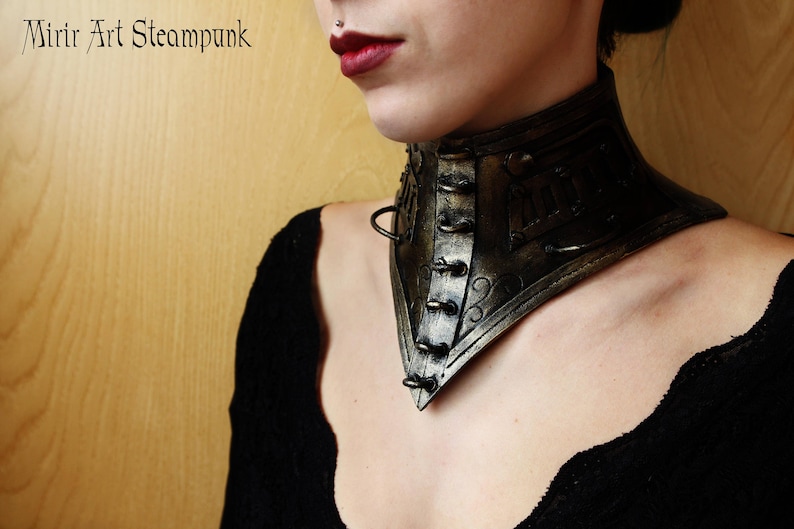 steampunk tall necklace/choker. corset effect. armor like, fake metal made with EVA foam. steampunk post apocalyptic costume larp clothing image 2