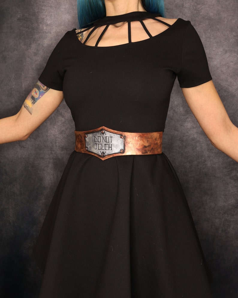 Waist belt post apocalyptic DO NOT TOUCH label fake metal Eva foam, warrior costume larp, plus size, lighweight, distressed look style image 3