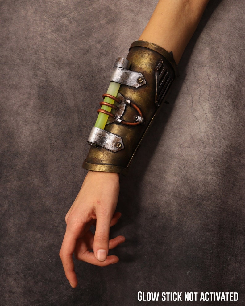 Steampunk Post apocalyptic bracer / wristband. with glowing stick. armor like, fake metal. Steampunk cyber punk costume image 1