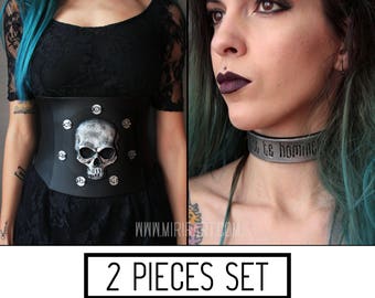 SET: Underbust corset + Choker. Gothic - black. With skull and latin quote. Punk alchemist, alternative clothing. gold silver copper