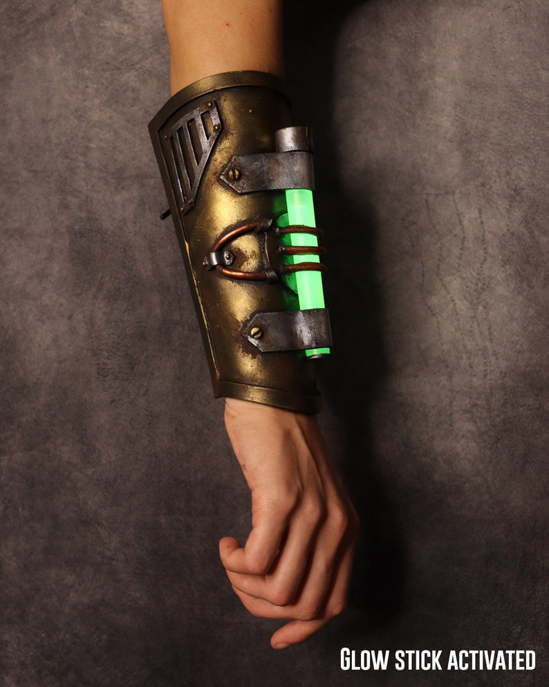 Steampunk Post apocalyptic bracer / wristband. with glowing stick. armor like, fake metal. Steampunk cyber punk costume image 6