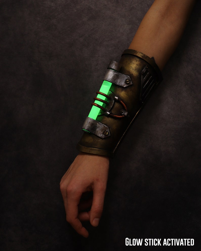 Steampunk Post apocalyptic bracer / wristband. with glowing stick. armor like, fake metal. Steampunk cyber punk costume image 7